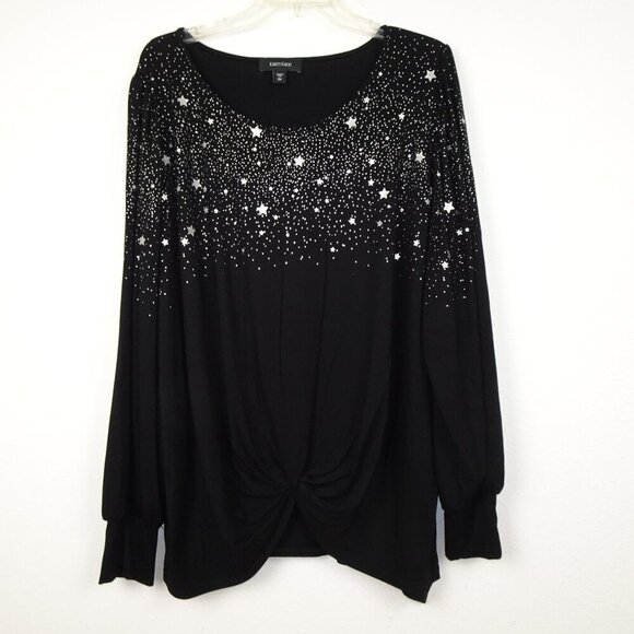 Karen Kane Twist Front Knot Top Women's Plus Size 3X Black Star Print Made USA - Picture 1 of 10